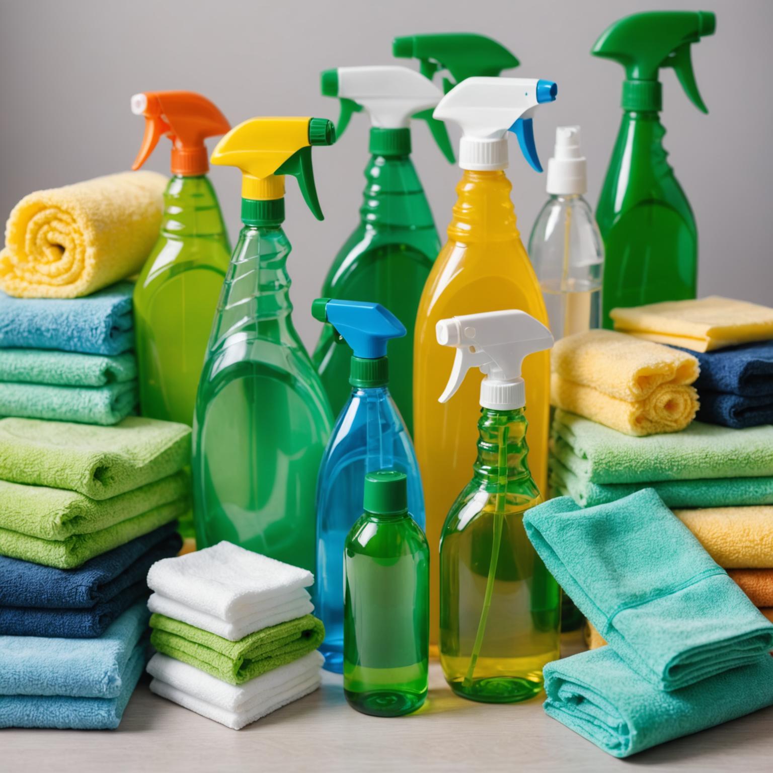Eco-friendly cleaning products arranged on a shelf in a modern office