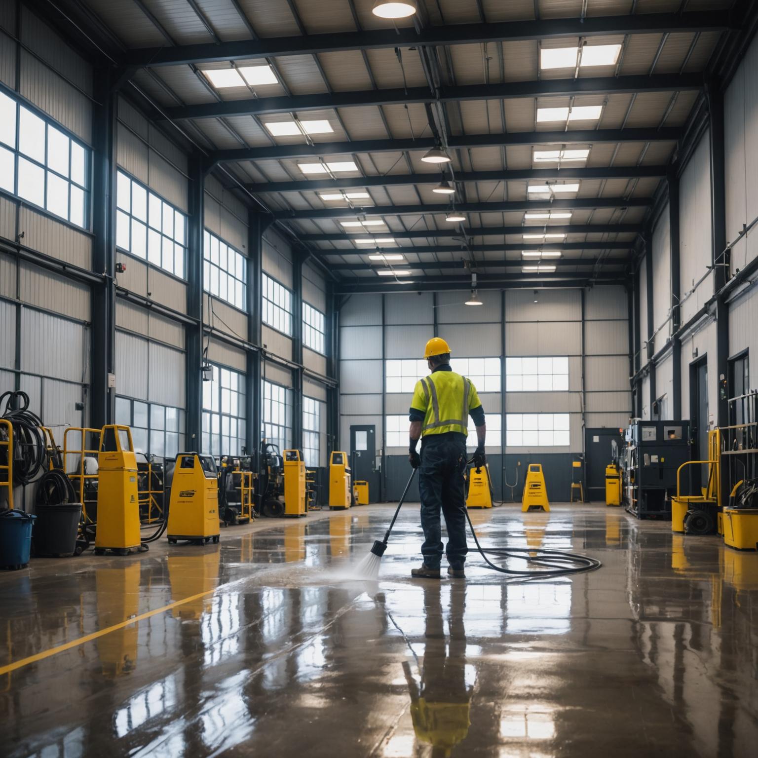 Industrial site cleaning with heavy-duty equipment in a manufacturing facility