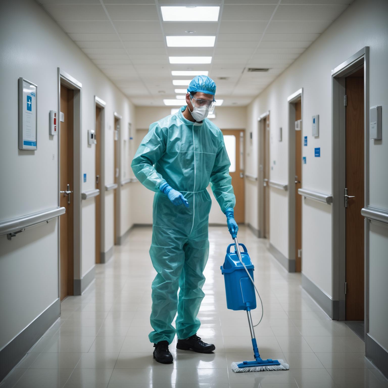 Healthcare facility cleaning with infection control protocols in a hospital ward