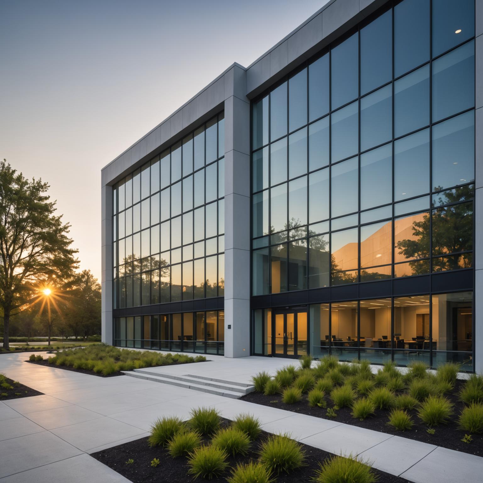Exterior of a modern corporate office building maintained by professional cleaning services