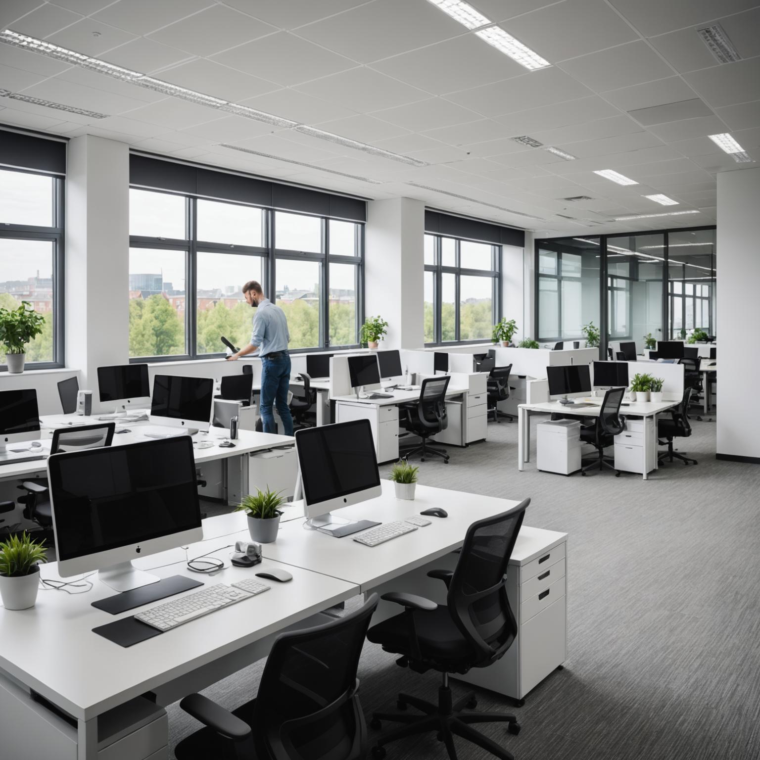 Professional office cleaning service with uniformed staff maintaining a corporate workspace