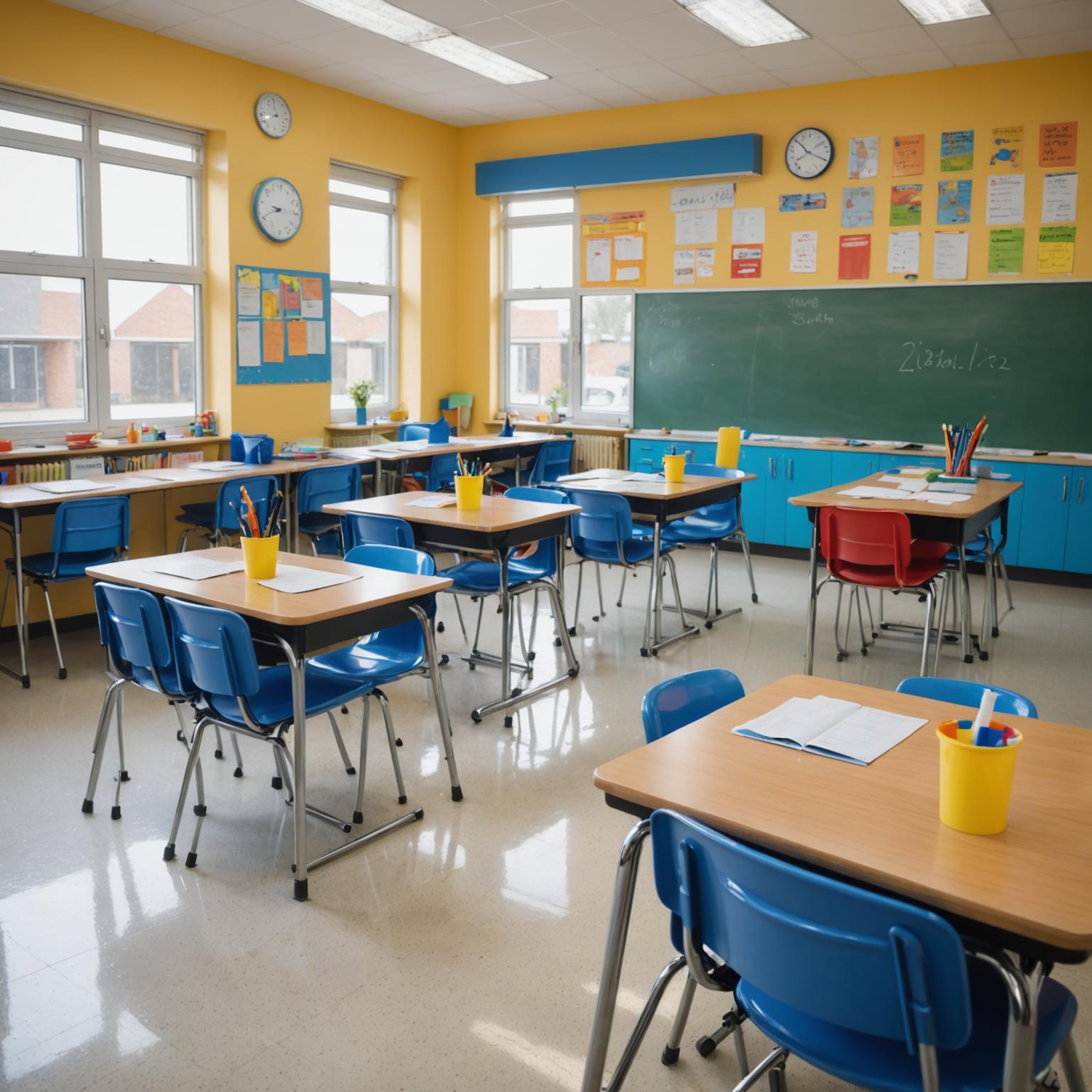 Education facility cleaning with staff sanitising a bright classroom environment